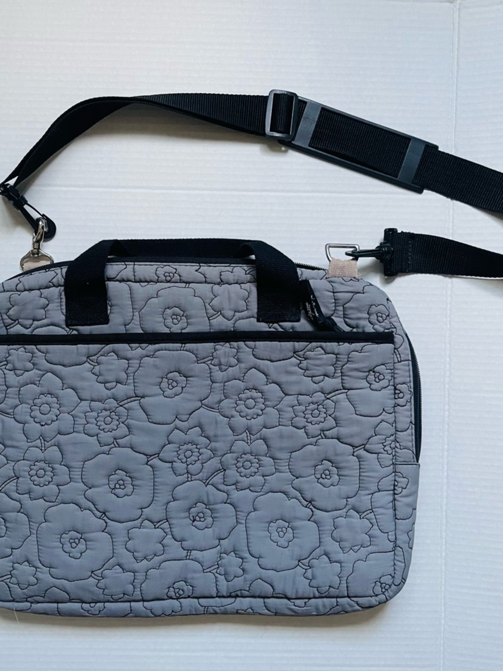 Thirty-One Gray Quilted Floral Crossbody with Black Accents Laptop Bag